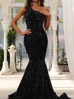 Black Elegant Women's Sequin Asymmetric Fishtail Dress
